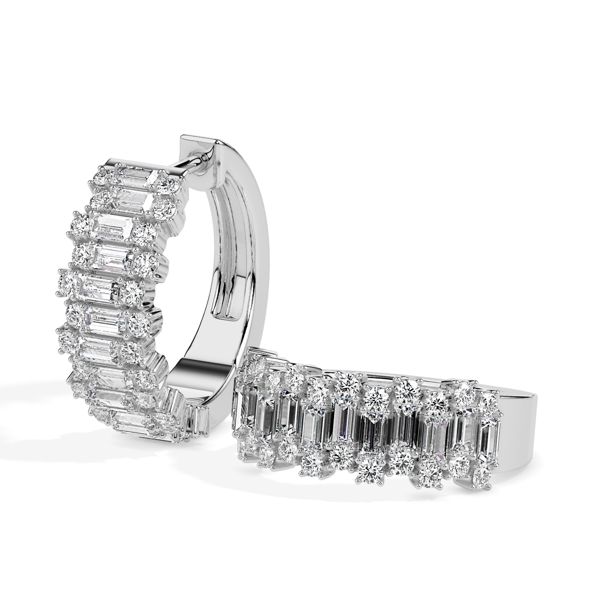 Baguette & Round Diamond Hoop Earrings – White Gold Finish - Image 5